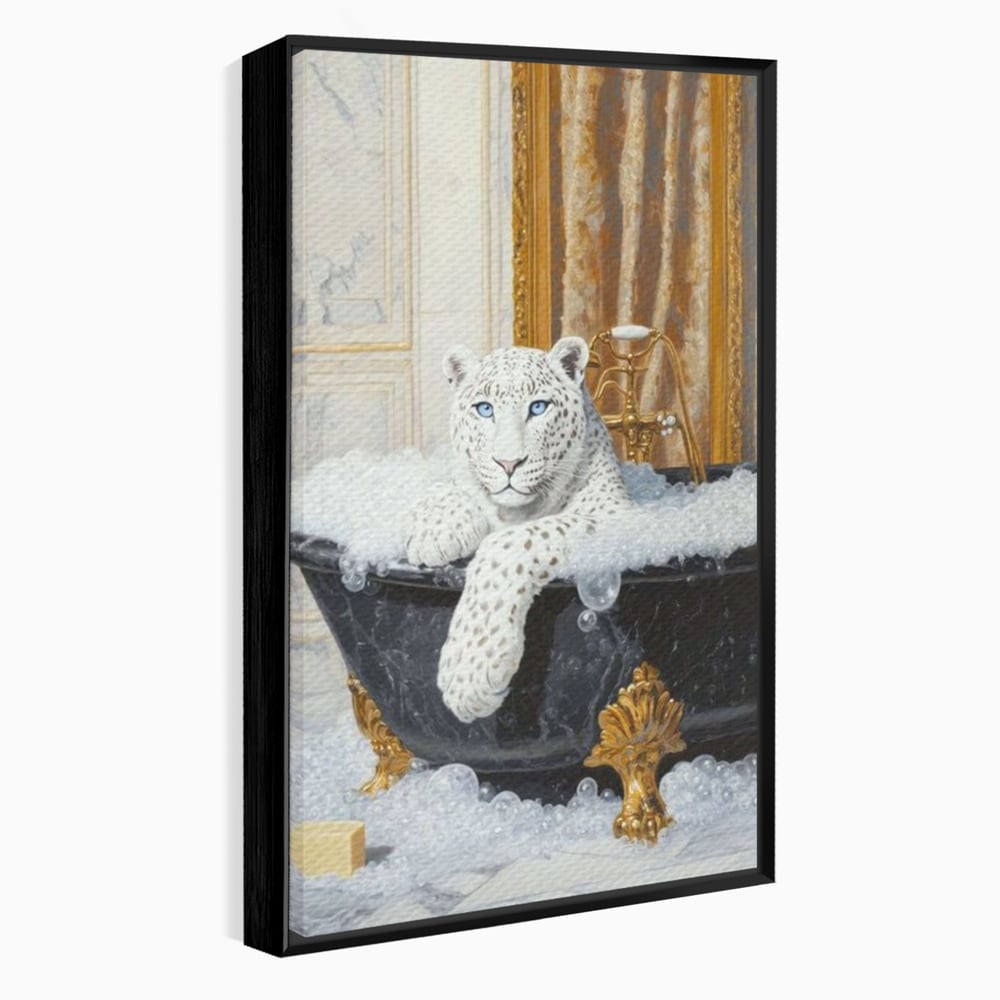 Tablou canvas cu tablou canvas cu leopard alb in cada, in rama de aluminiu negru